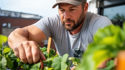 A man in a casual gray shirt is carefully tending to plants on a balcony garden, demonstrating focus and dedication amidst an urban residential setting.