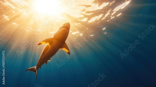 A lone shark is captured mid-swim, ascending towards the sun-dappled surface, embodying grace and power within the vast oceanic expanse and serene environment. photo