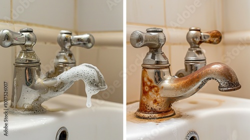 A Before and After Comparison of a Rusty Bathroom Faucet photo