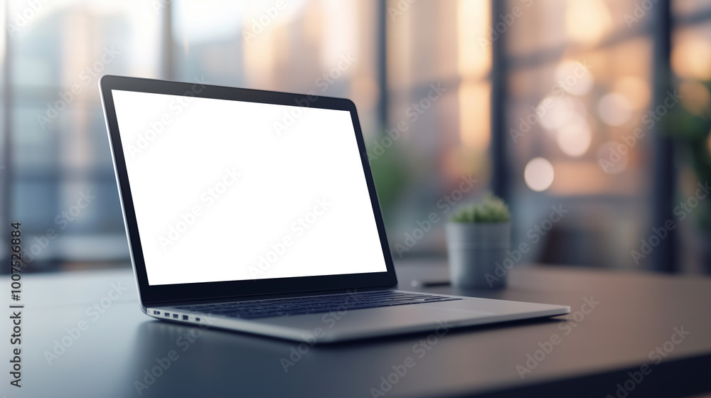modern laptop with blank screen sits on sleek desk, surrounded by bright and airy office environment. soft natural light enhances minimalist aesthetic, creating calm workspace. modern laptop with blank screen sits on sleek desk, surrounded by bright and airy office environment. soft natural light enhances minimalist aesthetic, creating calm workspace.
