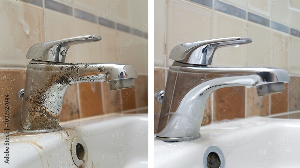 A Comparison of a Dirty and Clean Bathroom Faucet A Comparison of a Dirty and Clean Bathroom Faucet