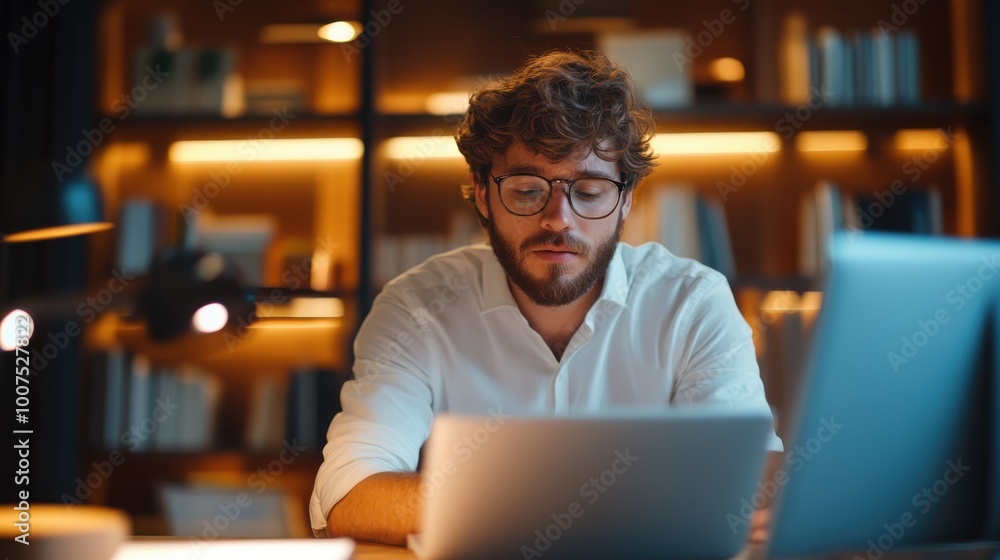 A bearded man, wearing glasses and a white shirt, works intently on his laptop. The warmly lit room and bookshelf in the background add depth to the scene. A bearded man, wearing glasses and a white shirt, works intently on his laptop. The warmly lit room and bookshelf in the background add depth to the scene.
