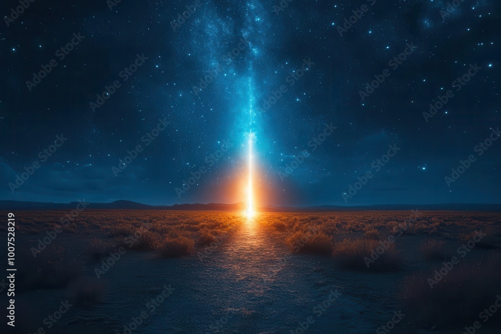 a pathway leading into an expansive field under a starlit sky where light beams shine through an open door symbolizing new goals and hope for progress a pathway leading into an expansive field under a starlit sky where light beams shine through an open door symbolizing new goals and hope for progress