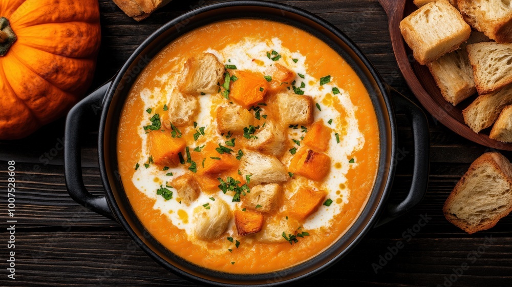 Delicious pumpkin and carrot cream soup with croutons - top down view Delicious pumpkin and carrot cream soup with croutons - top down view