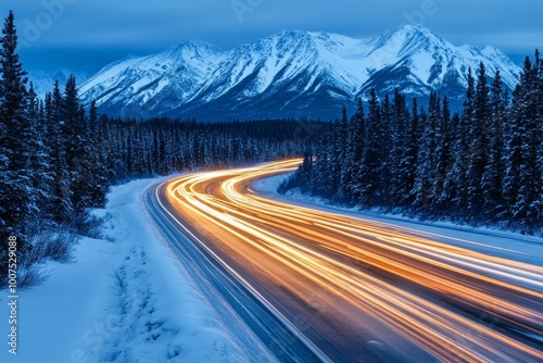 Long exposure capture of car lights on a winter highway with snowy mountains and forests at dusk photo