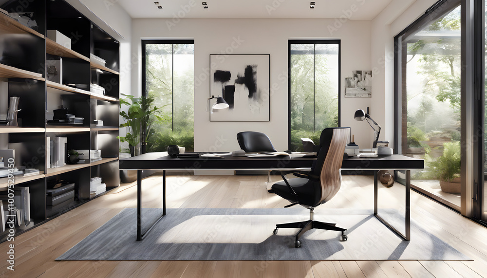 Fototapeta premium Modern wooden dining table with comfortable chairs in a spacious living room with large windows