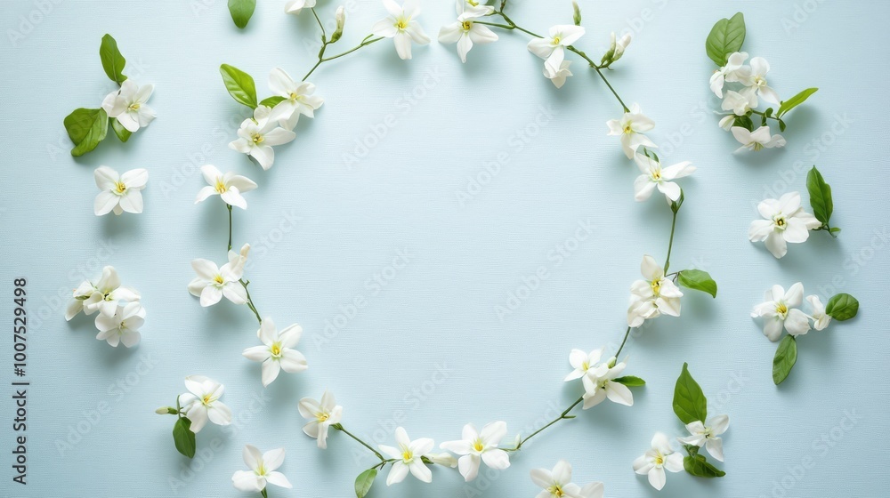 A captivating array of jasmine flowers arranged in a perfect circle on a white-light blue background, symbolizing tranquility and grace A captivating array of jasmine flowers arranged in a perfect circle on a white-light blue background, symbolizing tranquility and grace