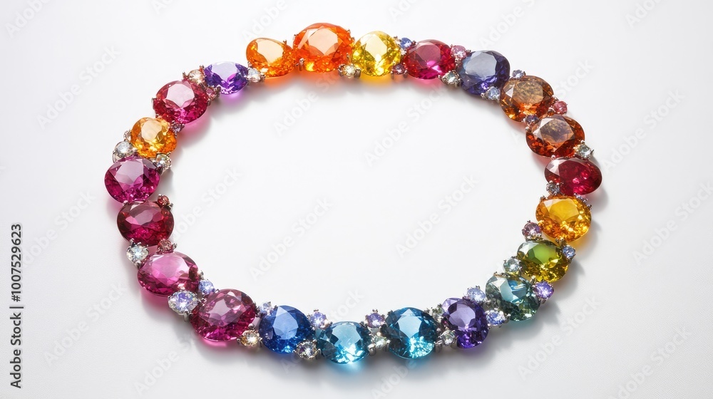 A circular trail of vibrant gemstones arranged on a white backdrop, showcasing their brilliance and vivid hues in a luxurious display A circular trail of vibrant gemstones arranged on a white backdrop, showcasing their brilliance and vivid hues in a luxurious display
