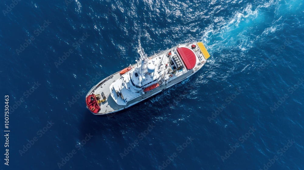 Fototapeta premium Aerial View of Research Vessel in Deep Blue Ocean