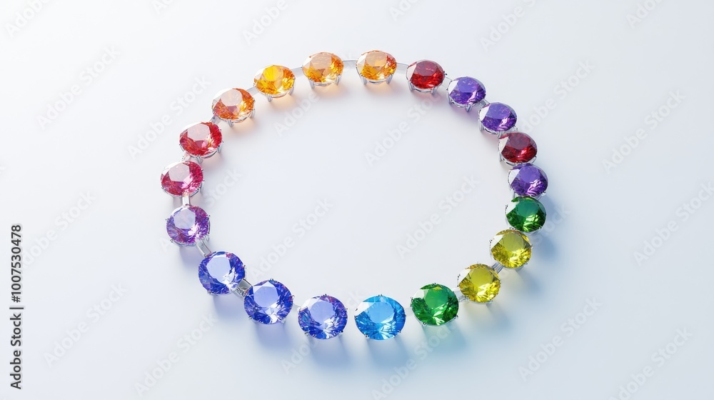A perfect circle of colorful gemstones arranged in a radiant trail on a sleek white backdrop, symbolizing luxury and timeless beauty A perfect circle of colorful gemstones arranged in a radiant trail on a sleek white backdrop, symbolizing luxury and timeless beauty