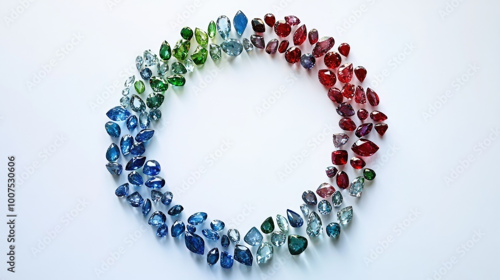 A radiant trail of gemstones in various shades of blue, red, and green, arranged in a circle on a sleek white background, symbolizing elegance A radiant trail of gemstones in various shades of blue, red, and green, arranged in a circle on a sleek white background, symbolizing elegance
