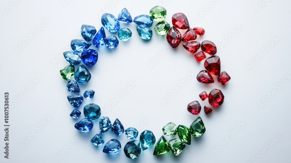 A radiant trail of gemstones in various shades of blue, red, and green, arranged in a circle on a sleek white background, symbolizing elegance A radiant trail of gemstones in various shades of blue, red, and green, arranged in a circle on a sleek white background, symbolizing elegance