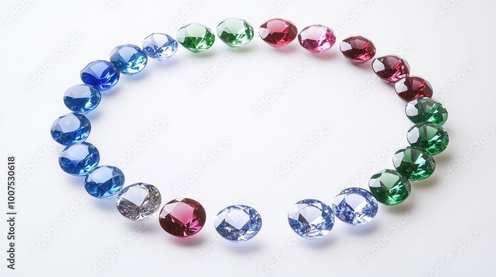 A radiant trail of gemstones in various shades of blue, red, and green, arranged in a circle on a sleek white background, symbolizing elegance A radiant trail of gemstones in various shades of blue, red, and green, arranged in a circle on a sleek white background, symbolizing elegance