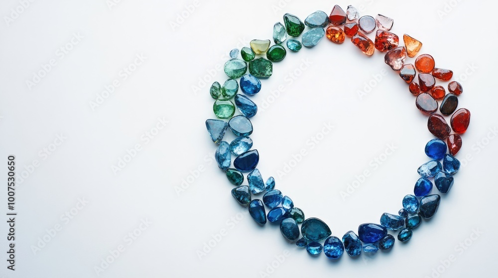 A radiant trail of gemstones in various shades of blue, red, and green, arranged in a circle on a sleek white background, symbolizing elegance A radiant trail of gemstones in various shades of blue, red, and green, arranged in a circle on a sleek white background, symbolizing elegance