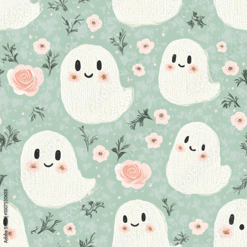 Cute knitted ghost pattern with flowers on green background