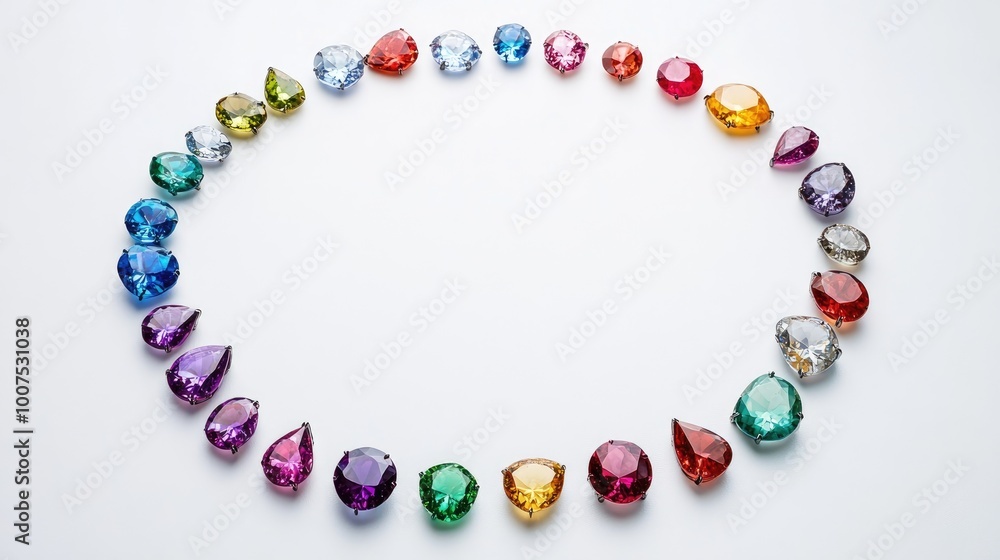 A stunning circle trail of vibrant gemstones in various colors, arranged on a white background, creating a dazzling display of luxury and elegance A stunning circle trail of vibrant gemstones in various colors, arranged on a white background, creating a dazzling display of luxury and elegance