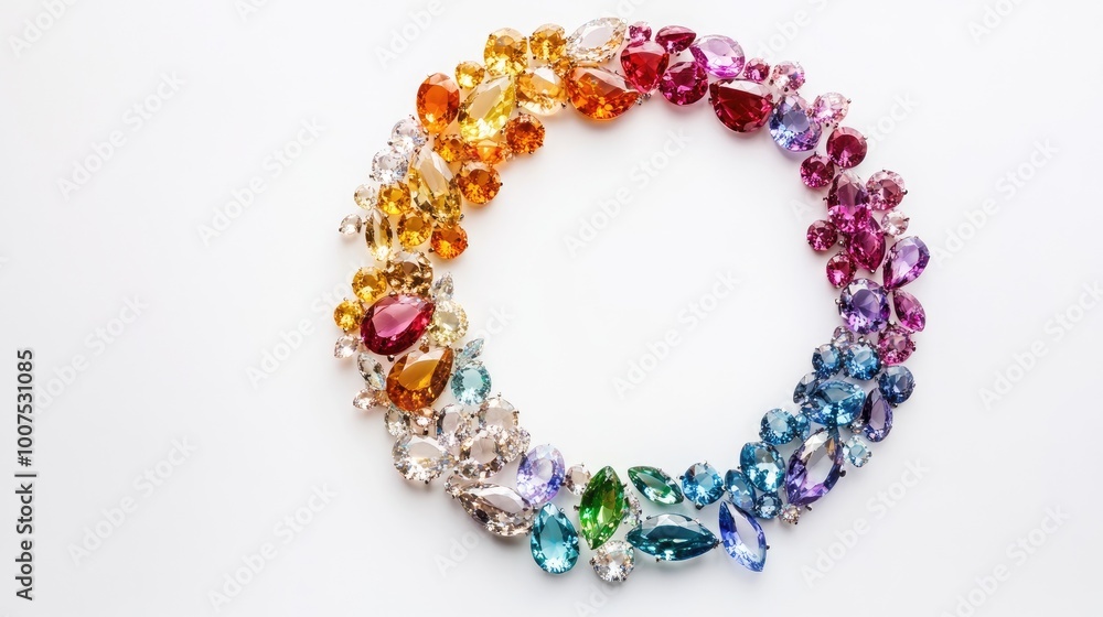 A stunning circle trail of vibrant gemstones in various colors, arranged on a white background, creating a dazzling display of luxury and elegance A stunning circle trail of vibrant gemstones in various colors, arranged on a white background, creating a dazzling display of luxury and elegance