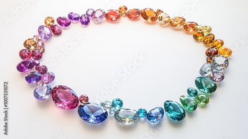 A stunning circle trail of vibrant gemstones in various colors, arranged on a white background, creating a dazzling display of luxury and elegance