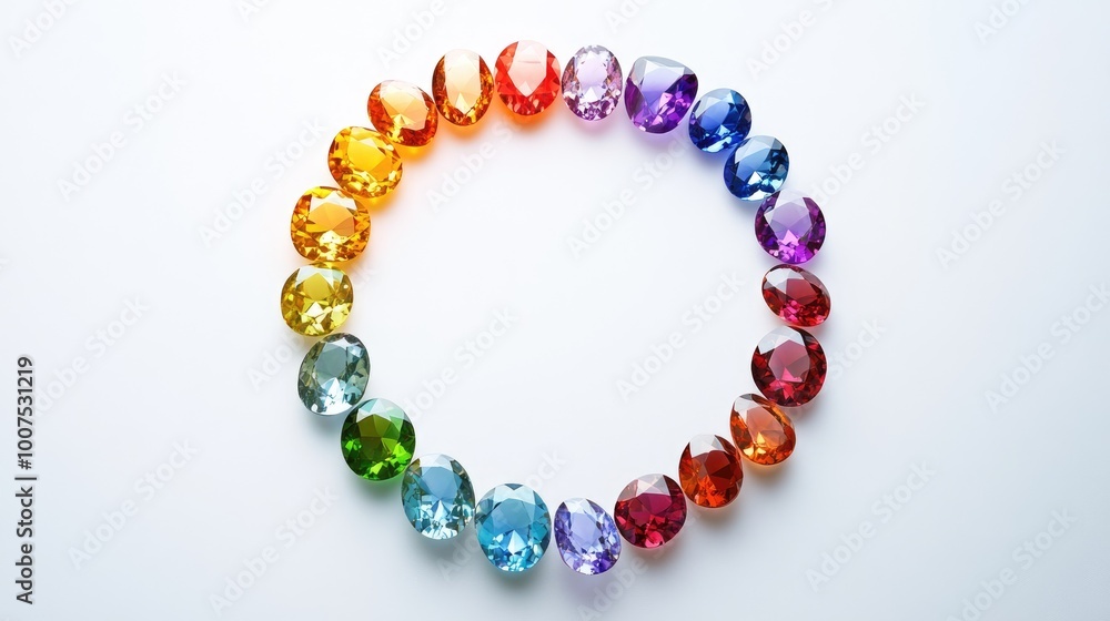 Beautiful gemstones in a dazzling array of colors forming a perfect circle trail on a minimalist white background, exuding elegance