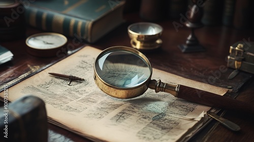 Detective's Magnifying Glass,This image features a classic detective's magnifying glass, symbolizing investigation and mystery. The magnifying glass should be prominently displayed,
