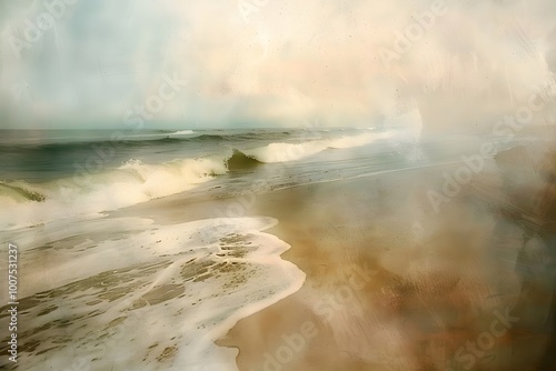 Sea wave running onto the sand. Ocean landscape illustration. Impressionist style. Abstract landscape art for poster, music album, book cover, poetry, wallpaper