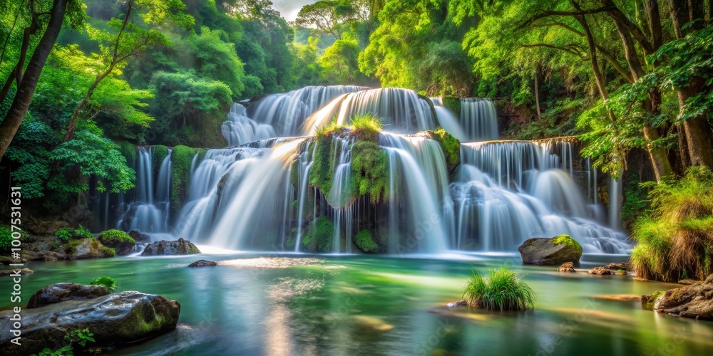 Obraz premium Serene Waterfall Cascading Through Lush Greenery, Nature Photography, Waterfall , Landscape