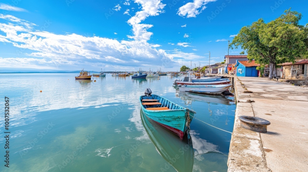 Obraz premium Tranquil Harbor with Colorful Boats and Blue Sky