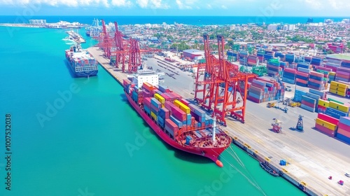 Aerial View of Cargo Ships at Busy Shipping Dock