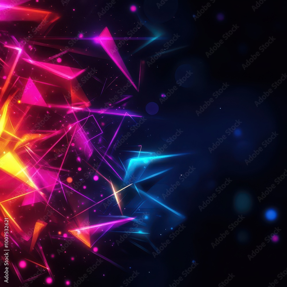 Fototapeta premium Colorful abstract shapes and patterns glowing in vibrant hues on a dark background.