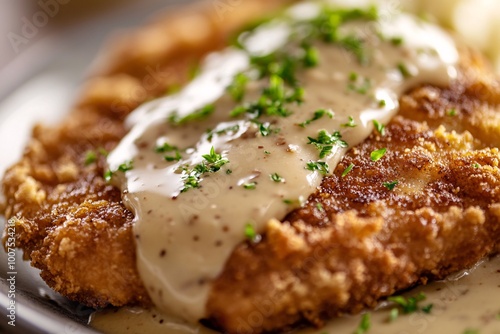 Crispy Fried Chicken Cutlet with Creamy Gravy and Parsley Garnish