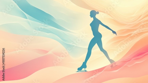 Elegant silhouette of figure skater gliding through colorful abstract waves - concept of sport