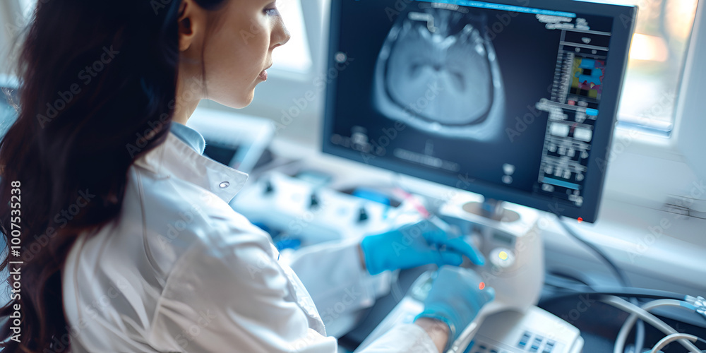 Doctor Analyzing MRI Scans in Modern Medical Facility, Radiologist Reviewing Patient MRI Results on Screen Doctor Analyzing MRI Scans in Modern Medical Facility, Radiologist Reviewing Patient MRI Results on Screen