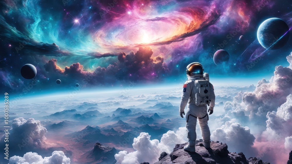An astronaut stands on a rocky surface, gazing at a vibrant cosmic scene filled with planets. An astronaut stands on a rocky surface, gazing at a vibrant cosmic scene filled with planets.