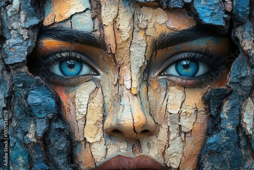 abstract human face emerging from textured wood bark conveying emotions through bold brushstrokes and vibrant colors merging nature with artistry in a unique interpretation