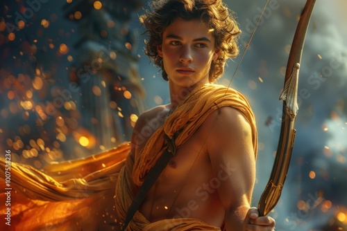 Apollo ancient greek and roman mythology: god of light and prophecy, also known as Phebus, revered patron of the arts and muses, healer and guide for migrants, y from mount Olympus. photo