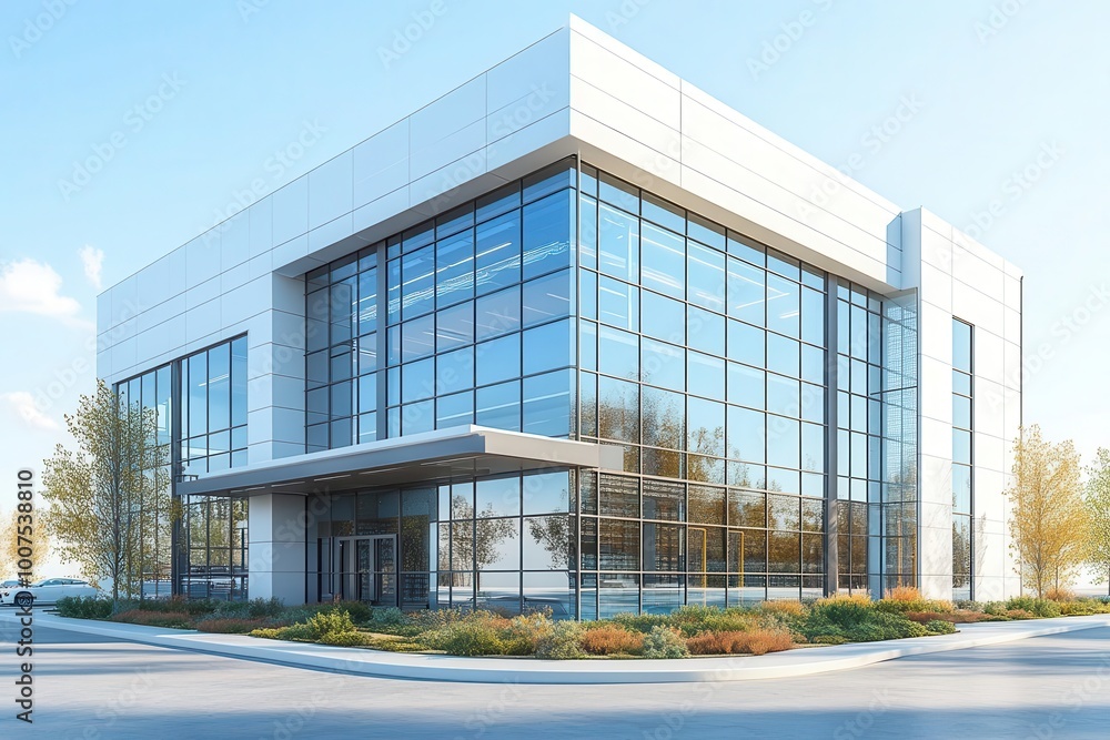 a detailed 3d model of a sleek industrial building emphasizing modern architecture with clean lines glass facades and a blue sky backdrop a detailed 3d model of a sleek industrial building emphasizing modern architecture with clean lines glass facades and a blue sky backdrop