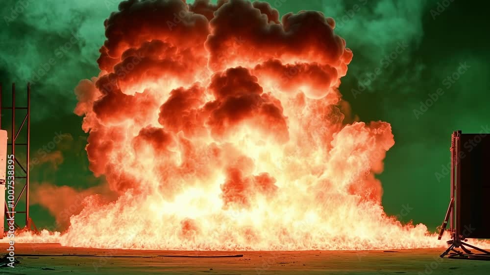 Massive fireball is exploding on a green screen set, perfect for visual effects artists working on high action movie sequences