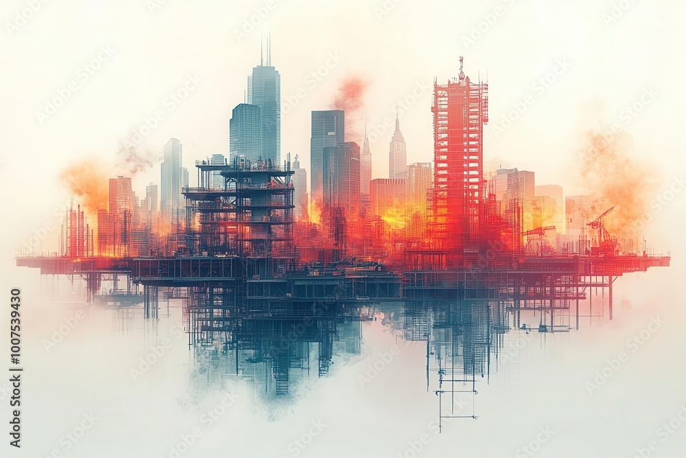 Fototapeta premium a digital illustration showcases building construction with a double exposure effect layering images of engineers at work and cityscapes blending human effort with architectural vision