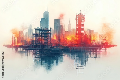 a digital illustration showcases building construction with a double exposure effect layering images of engineers at work and cityscapes blending human effort with architectural vision