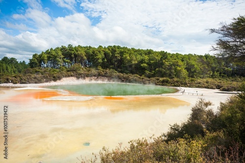 Wai-o-Tapu Rotorua New Zealand Multicoloured rocks reveal themselves beneath the water at Champagne Pool