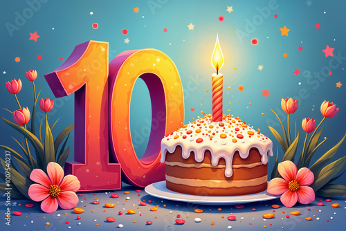 10th birthday card. Vibrant birthday celebration with a large number 10 prominently displayed, a cake with lit candle, and colorful flowers surrounding the scene. photo