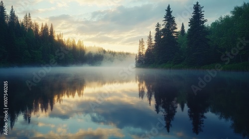 Serene Misty Lake View at Dawn with Gentle Fog