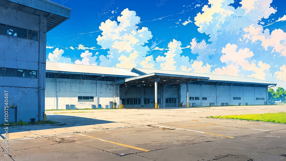 airfield exterior anime high-quality image and aesthetic background