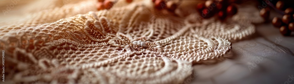 Obraz premium Lace making with intricate designs, delicate and artistic, Artisan, Soft tones, Photograph, Handcrafted beauty