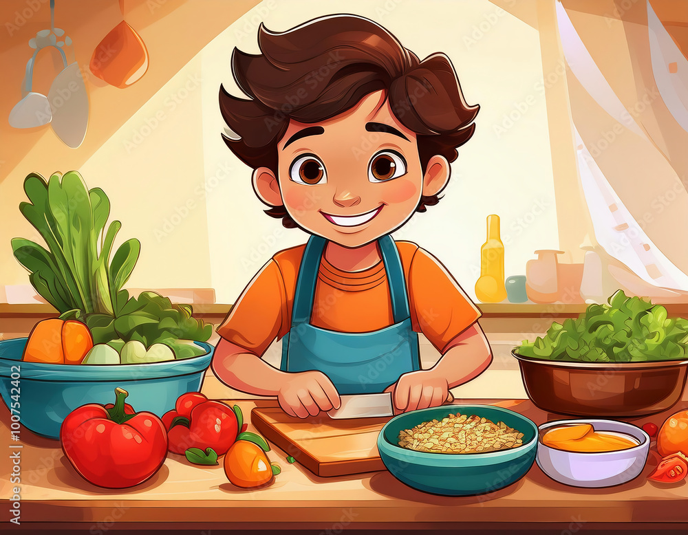 Cartoon illustration of a little boy cooking in the kitchen with fresh vegetables Cartoon illustration of a little boy cooking in the kitchen with fresh vegetables