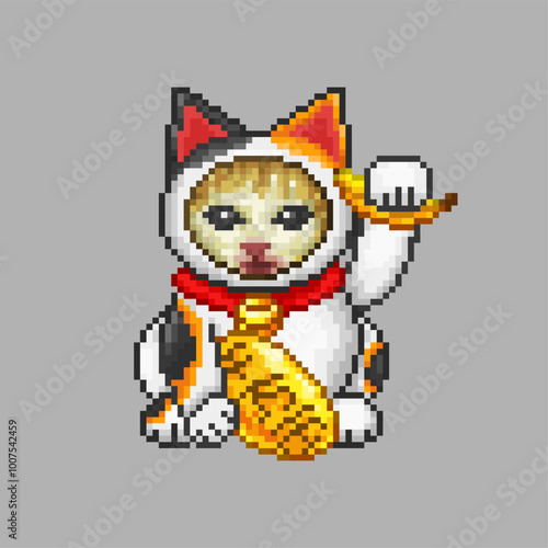 Cat dressed as maneki neko, pixel art meme