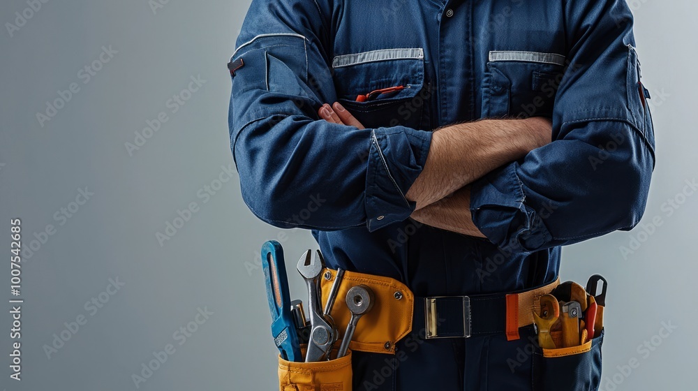 Construction worker with folded arms and tools in a belt on a gray background Construction worker with folded arms and tools in a belt on a gray background