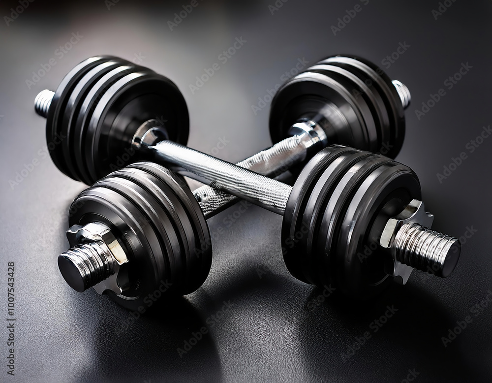 Naklejka premium Dumbbells on a black background. Sport equipment. Fitness and bodybuilding. Black and white colored