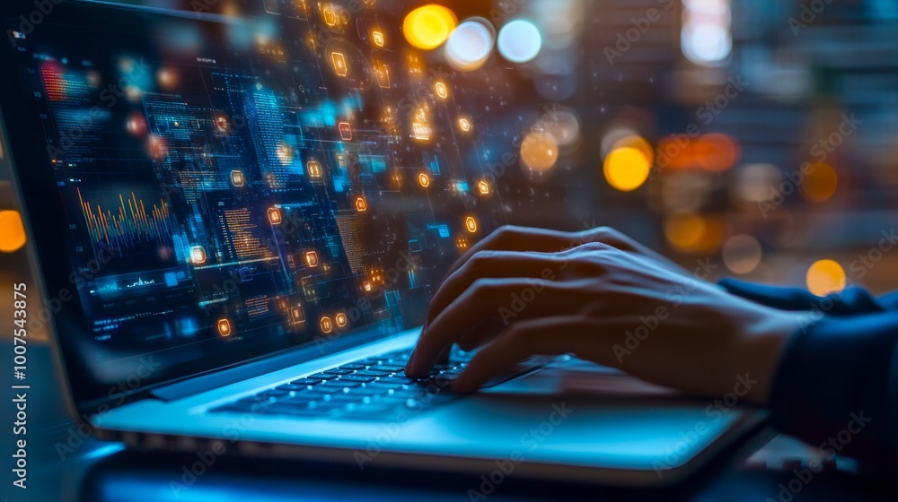 Hands Typing on Laptop with Data Visualizations Hands Typing on Laptop with Data Visualizations