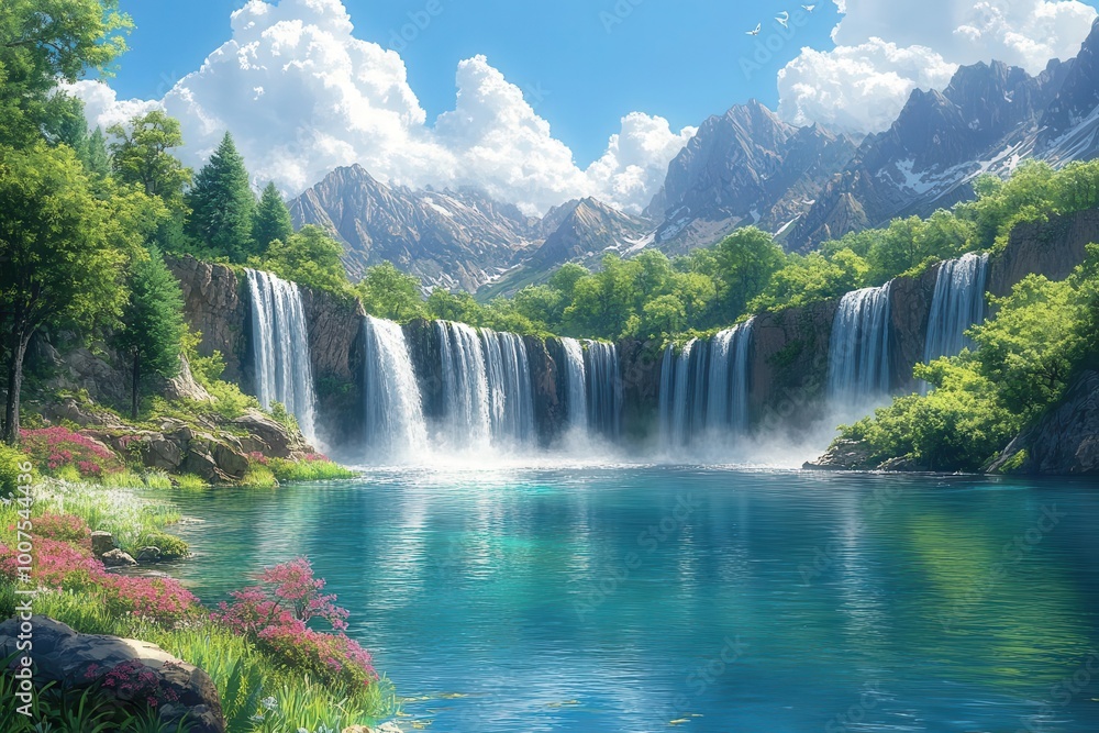 Fototapeta premium a breathtaking fantasy landscape featuring towering waterfalls cascading into a serene lake surrounded by lush greenery and a vibrant sky